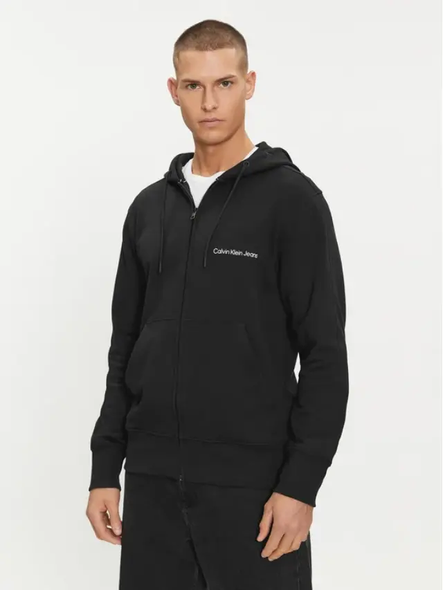 Calvin Klein - Ανδρική Ζακέτα Institutional Zip Through Hood με Φερμουάρ και Κουκούλα Regular Fit J30J325148-BEH Μαύρο - XL