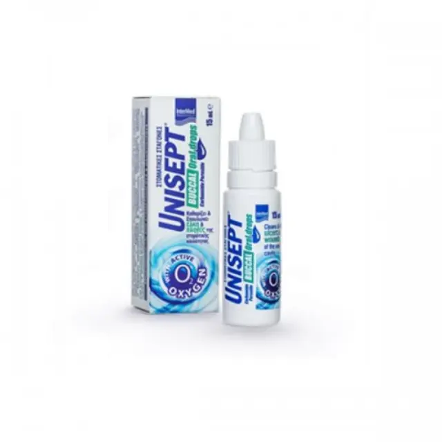 Intermed Unisept Buccal Oral drops Σταγόνες για τον Καθαρισμό και την Επούλωση των πληγών της Στοματικής Κοιλότητας, 15ml 2