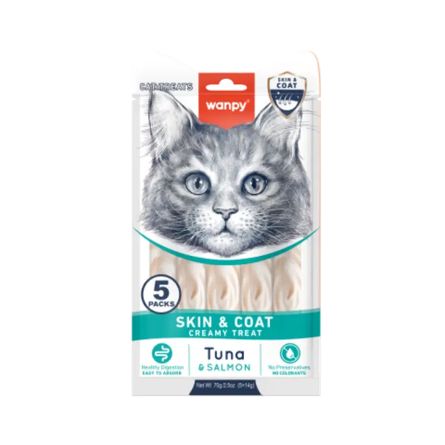 wanpy - Wanpy Cat Functional Creamy Lickable Treat Skin & Coat Tuna & Salmon 70g (5x14g) - 70g (5x14g) - Pet Supplies
