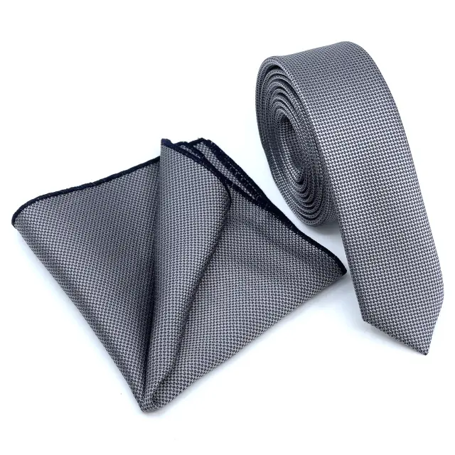 Γκρι Oxford Γραβάτα Slim 4,5 cm Σετ με Μαντηλάκι