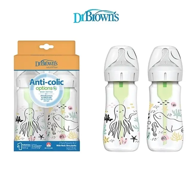 DR BROWN'S Πλαστικό Μπιμπερό Wide Neck Κατά των Κολικών με Θηλή Σιλικόνης για 0+ μηνών Ocean 270ml 2τμχ 2