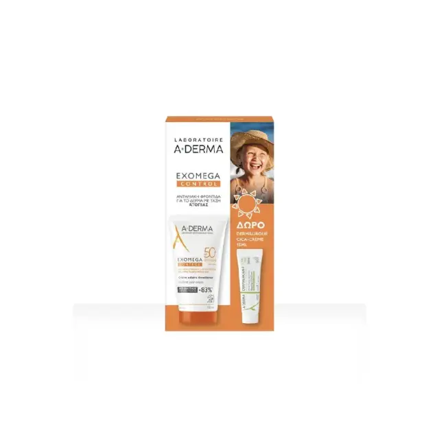 A-Derma Promo Exomega Control Emollient Solar Cream Αντηλιακό Γαλάκτωμα για Ξηρές & Ατοπικές Επιδερμίδες με SPF50+, 50ml & Δώρο Dermalibour + Cica Εξυγιαντική Επανορθωτική Κρέμα, 15ml 1σετ