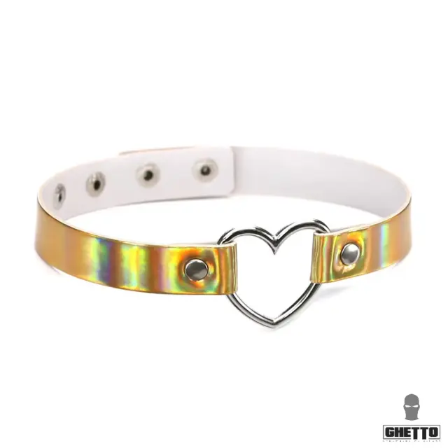 Ghetto Punk Color Leather Heart Choker Necklace Gold