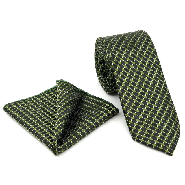 Γραβάτα Microfiber σε Πράσινο Μοτίβο Σετ με Μαντηλάκι