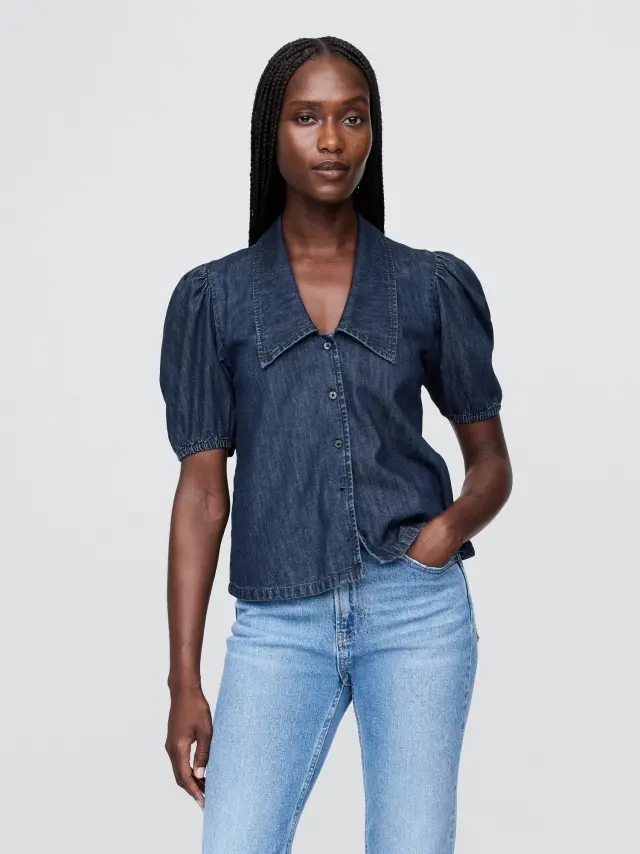 Denim Puff-Sleeve Collared Πουκάμισο Dark rinse - XS