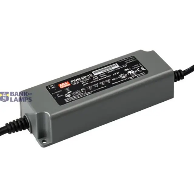 AC-DC Single output LED driver Constant Voltage (CV); PWM output for LED strips; Output 12Vdc at 5A; Dimming with 0-10Vdc or PWM; IP67 60W
