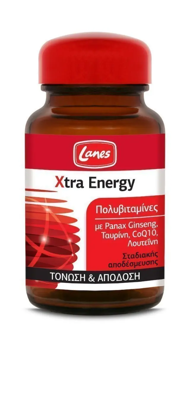 LANES Xtra Energy Συμπλήρωμα διατροφής με 12 βιταμίνες, 8 μέταλλα, Panax Ginseng, ταυρίνη, συνένζυμο Q10 και λουτεΐνη 30 Tabs