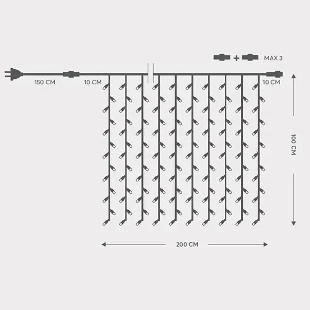 Κουρτίνα 200 LED Προέκταση 150cm Πράσινο Καλώδιο Λευκό Φως 200x100cm IP44