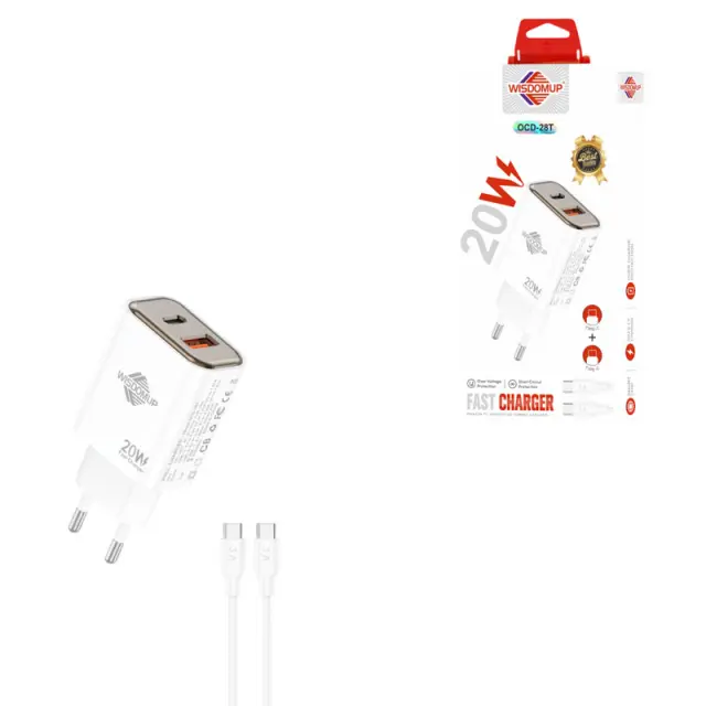 Wisdomup Φορτιστής Ταχείας Φόρτισης 20W USB & Type C με Καλώδιο Type C σε Type C OCD-28T – Fast Charger USB & Type C with Type C to Type C Cable 166214