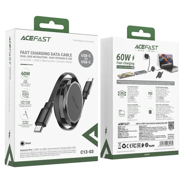 Καλώδιο Αναδιπλούμενο Acefast C13-03 USB-C σε USB-C 3A 60W Μαύρο 0.8m 2