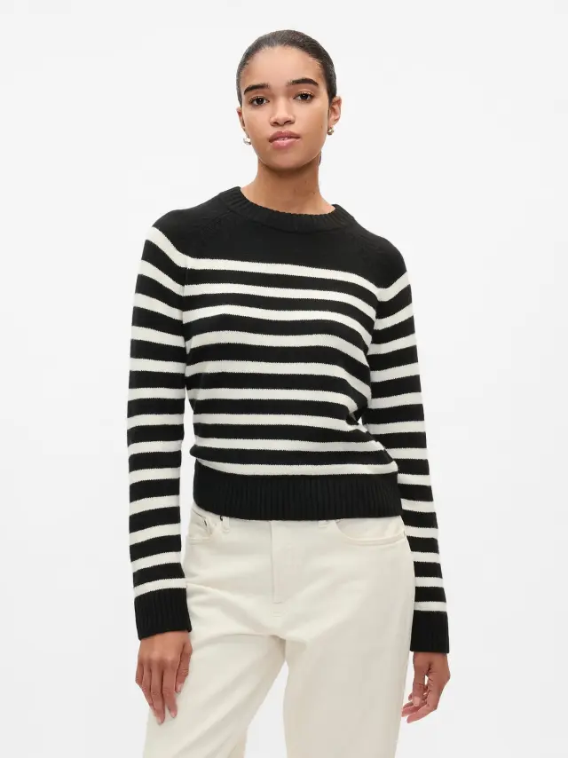 Μαύρο CashSoft Crewneck Πουλόβερ Black and white breton stripe - XS
