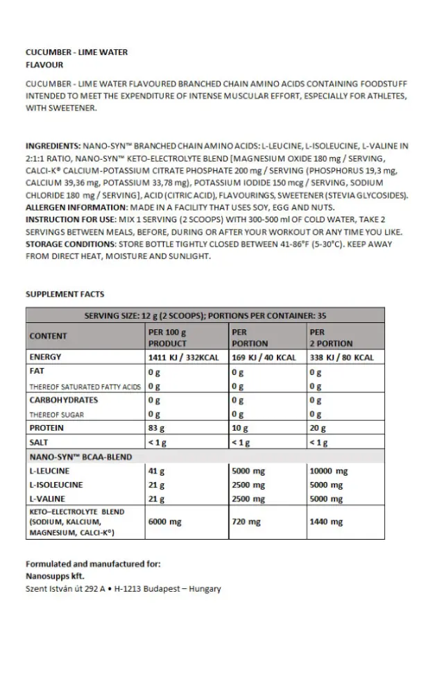 Nanosupps Amino Acid BCAA Nano Cucumber-Lime Water, 420 g 2
