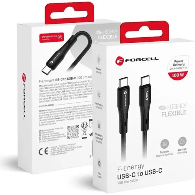 Cable USB C to USB C Forcell F-Energy QC4.0 PD 5A 100W Silicone 1 m C347 black