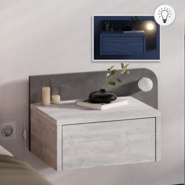 Κομοδίνο επιτοίχιο Dotta Megapap με LED χρώμα λευκό αντικέ - γκρι ρετρό 52x33,6x28εκ.