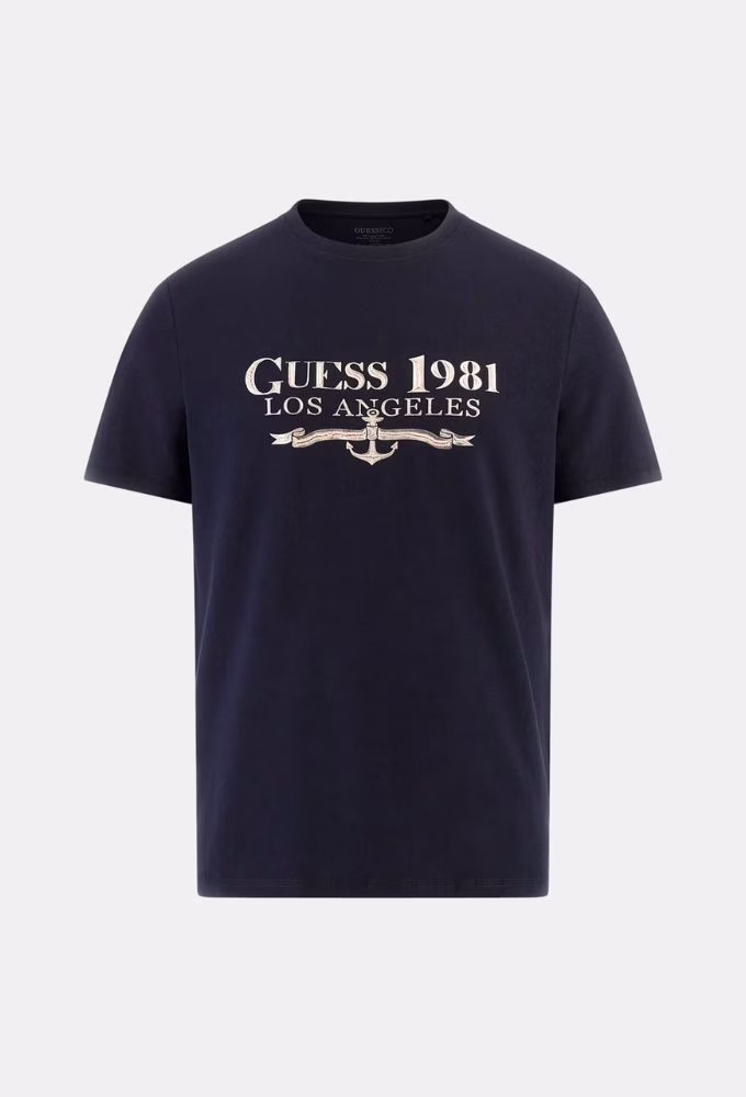 Guess Ανδρικό Ελαστικό T-shirt με Στάμπα Μπροστά Μπλε Σκούρο - XL 3