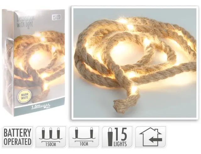 Σχοινί με φωτισμό LED - 1.5 Μέτρο, 15 LED φωτάκια, με μπαταρία - Θερμό λευκό AXS501060 2