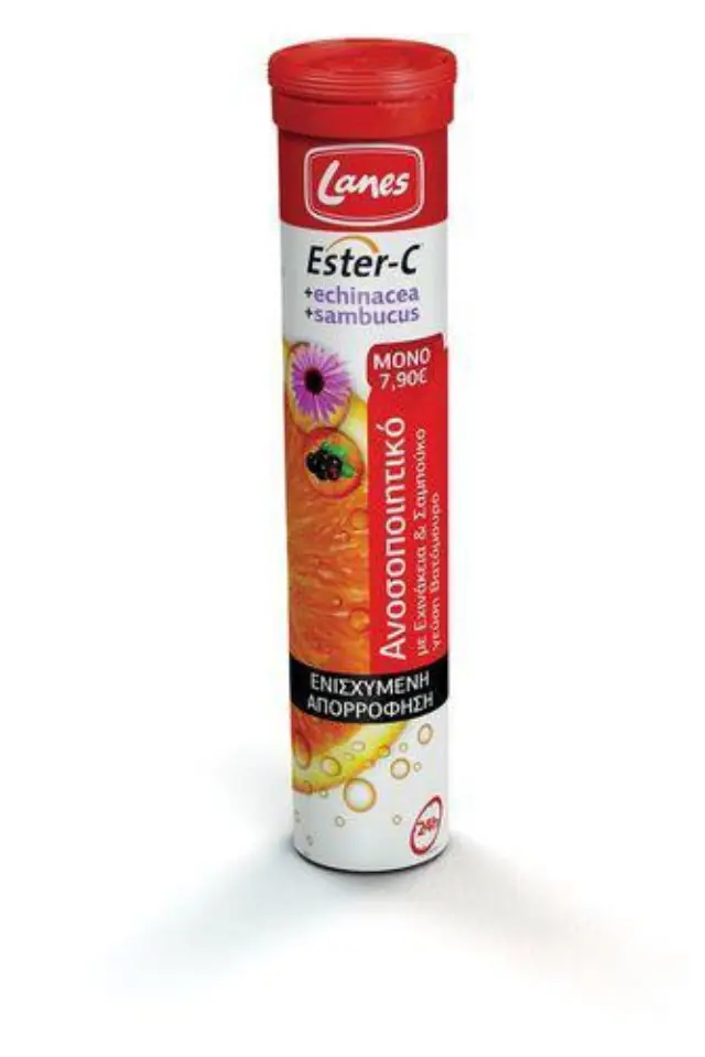 Lanes Ester-C 500mg + Echinacea & Sambucus Μη Όξινη Βιταμίνη C για Ενίσχυση του Ανοσοποιητικού, Γεύση Βατόμουρο, 20 Αναβράζοντα Δισκία