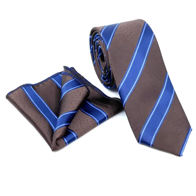 Μπλε - Καφέ Σχεδιαστική Γραβάτα Microfiber Σετ με Μαντήλι