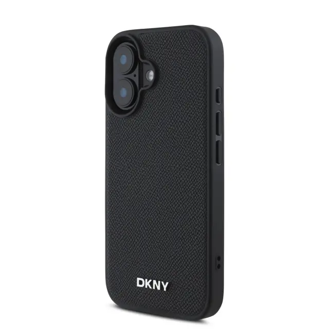 DKNY PU Leather Silver Metal Logo Magsafe Case for iPhone 16 Plus Black 3