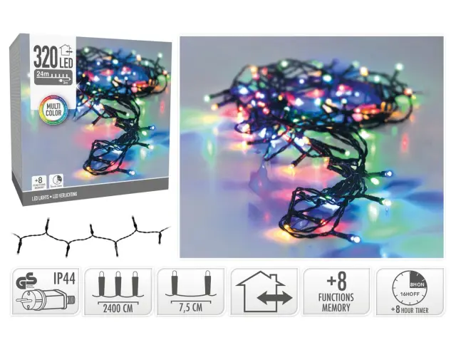 320 Φωτάκια LED - 24 Μέτρα + 3 Μέτρα σύνδεσης, Κανονική Διάταξη, με χειριστήριο, 8 προγράμματα, Πράσινο καλώδιο PVC - Πολύχρωμο AX8452150