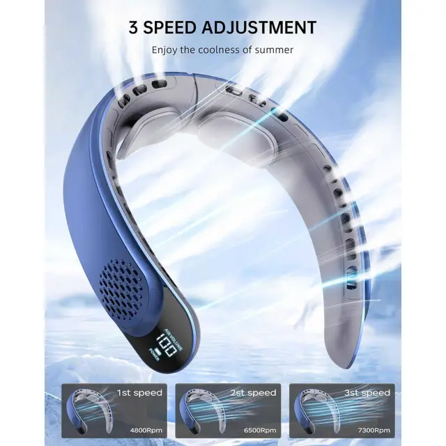 Techsuit - Neck Fan (S8) - Portable, with Digital Display, 3 Wind Speeds, 4000mAh, 7300RPM - Blue 2