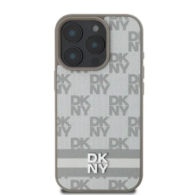 DKNY PU Leather Checkered Pattern and Stripe Case for iPhone 16 Pro Beige 2