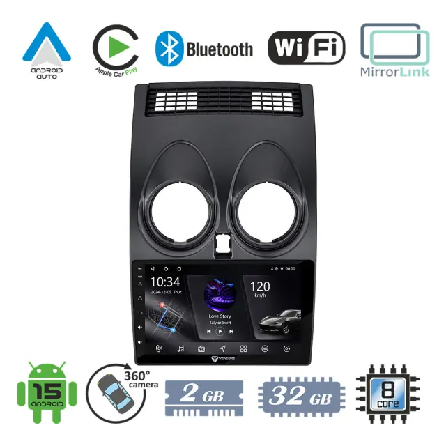 VenCore Οθόνη Multimedia Android 15 9" PX5S Octa-Core 2GB/32GB IPS με Πρόσοψη, CarPlay, Android Auto και Υποστήριξη Κάμερας 360° για Nissan Qashqai J10 2006-2013 – Μαύρη (3236-10005-0264AB)