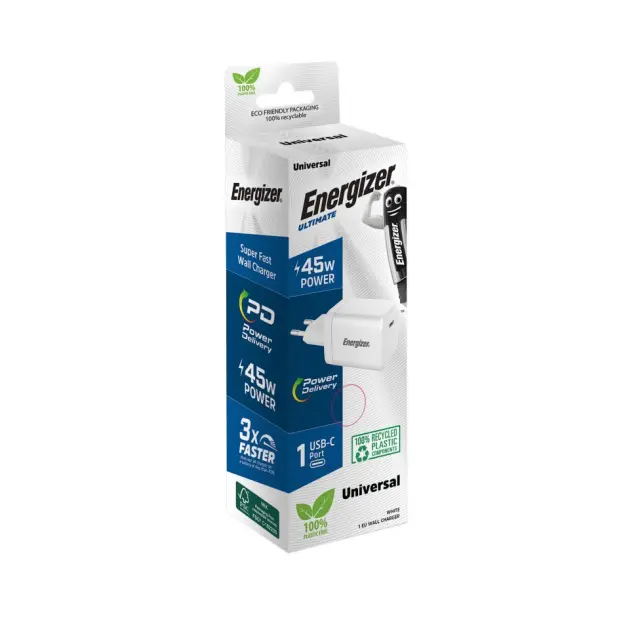 Φορτιστής Ταξιδίου Energizer Fast Charge με USB-C PD45W Λευκός