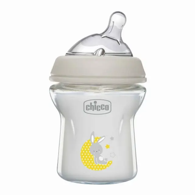 CHICCO Γυάλινο Μπιμπερό Natural Feeling Κατά των Κολικών με Θηλή Σιλικόνης για 0+ μηνών Γκρι Κουνελάκι 150ml 2