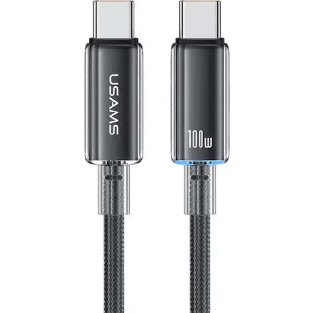 USAMS US-SJ660 USB-C σε USB-C Καλώδιο 100W PD 1.2m με LED, Braided Κατασκευή + Data 480Mbps – Μαύρο