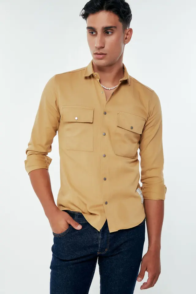 Πουκάμισο Denim με Τρουκς Μπεζ Σκούρο