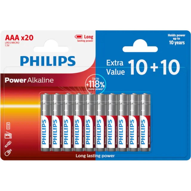 Αλκαλικές Μπαταρίες AAA Power Alkaline Υψηλής Απόδοσης 20Τμχ PHILIPS LR03P20BP/GRS