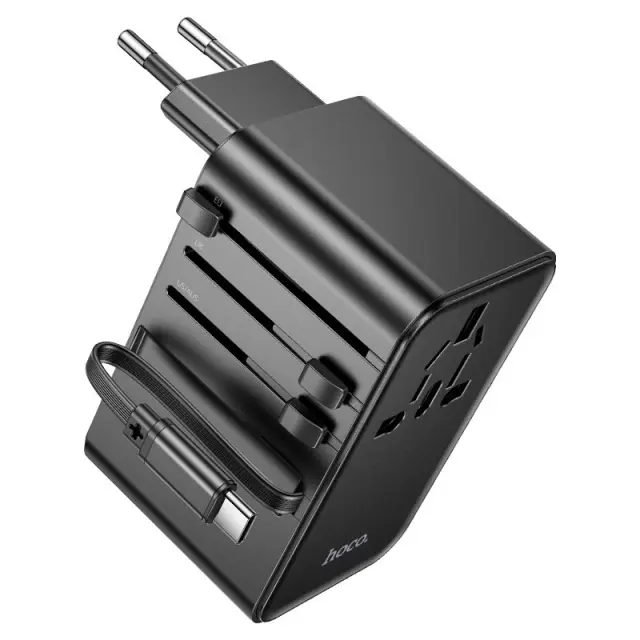 Φορτιστής Ταξιδίου Hoco AC18 Universal Converter US EU AU UK με 2 χ USB 1 χ USB-C και Ενσωματομένο Καλώδιο USB-C PD35W QC3.0 Μαύρο