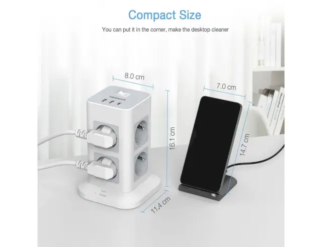 Πολύπριζο Tessan 11-σε-1 Tower Surge Protector (TPS03-DE-C) - 8xSchuko, 2xUSB, Type-C, καλώδιο 2mTPS03-DE-C 3