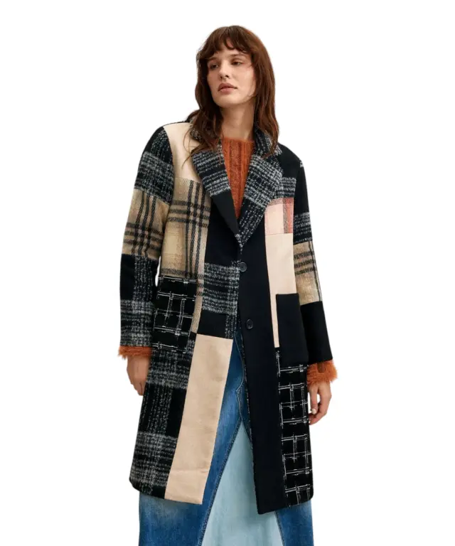 Desigual - Γυναικείο Μακρύ Παλτό Parches 26WWEW23-2000 Μαύρο/Μπεζ 2