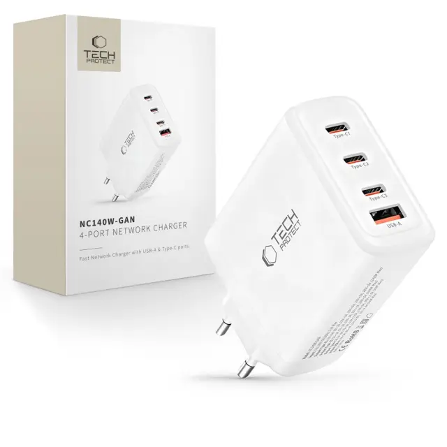 Tech-protect Nc140w-gan 4-port Network Charger Pd 140w / Qc3.0 White