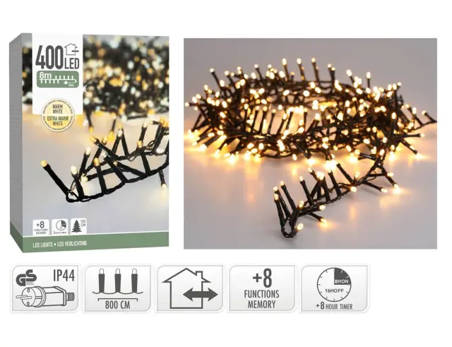 400 Φωτάκια LED - 8 Μέτρα + 3 Μέτρα σύνδεσης, Κανονική Διάταξη, με χειριστήριο, 8 προγράμματα, Πράσινο καλώδιο PVC - Extra Θερμό Λευκό AX8560700