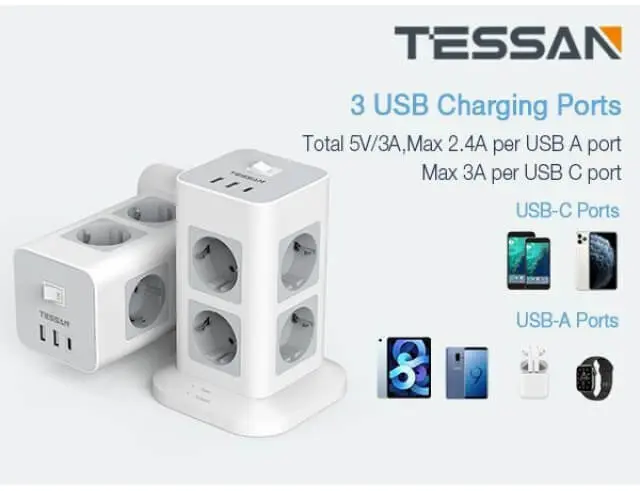 Πολύπριζο Tessan 11-σε-1 Tower Surge Protector (TPS03-DE-C) - 8xSchuko, 2xUSB, Type-C, καλώδιο 2mTPS03-DE-C 2