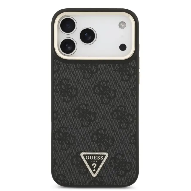 Guess PU Leather 4G Strass Triangle Logo Gold Frame MagSafe Case for iPhone 17 Pro Max Black 3