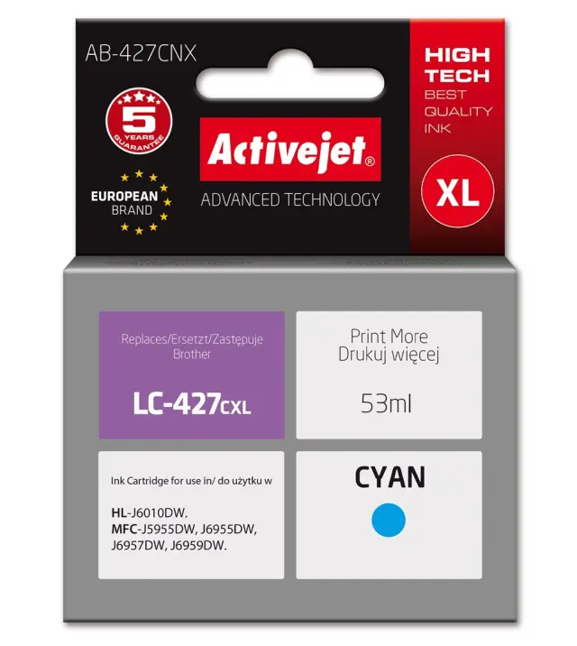 Activejet AB-427CNX Brother printer ink cartridge, replacement for Brother LC-427CXL; Supreme; 53 ml; light blue