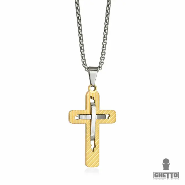 Ghetto 2Tone Cross Stainless Steel Pendant Necklace