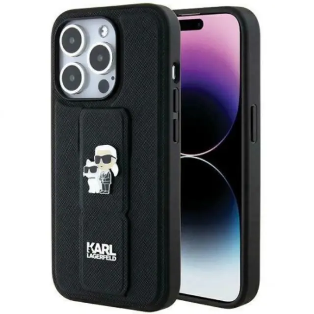 Karl Lagerfeld Gripstand Saffiano Karl&Choupette Pins case for iPhone 13 Pro