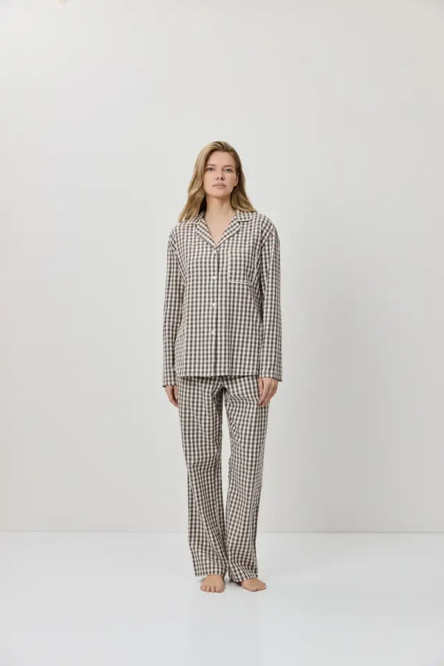 Aruelle Selin Βαμβακερή Flannel Πιτζάμα Πτι Καρό Καφέ 2