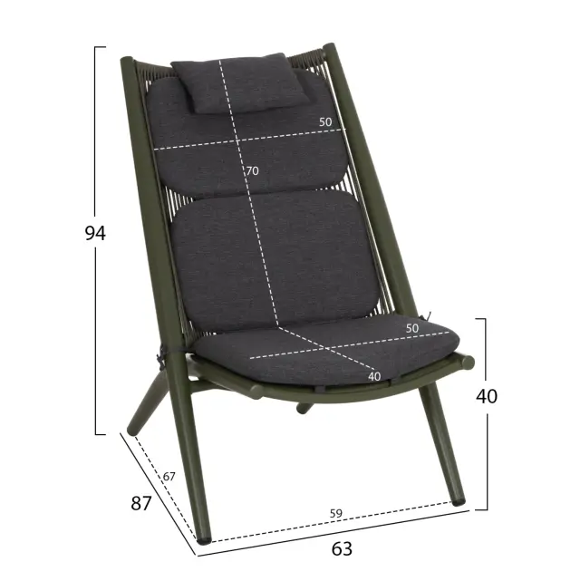 Πολυθρόνα Relax Remus αλουμίνιο & σχοινί Olefin σε Olive Green 63x87x94 εκ 2
