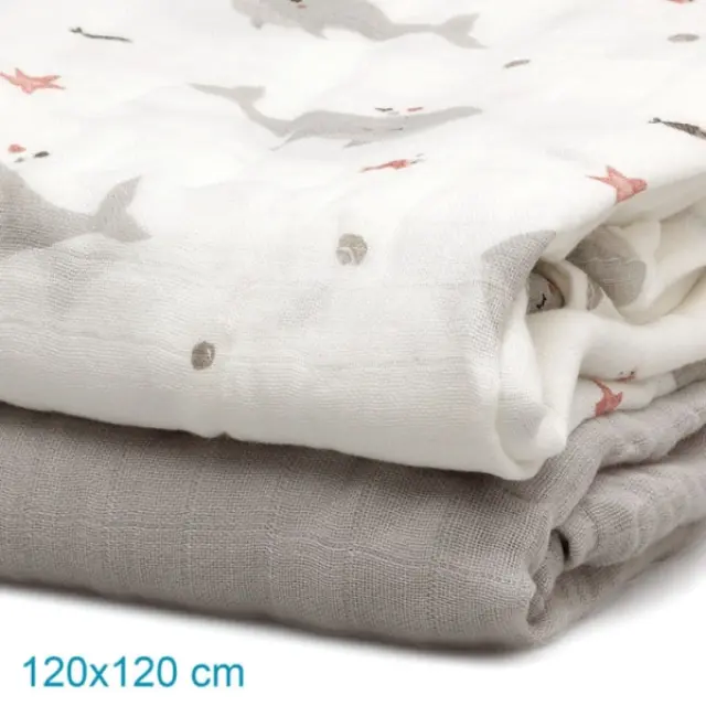 Kiokids Σετ Μουσελίνα Bamboo 120x120cm Whales (2 τμχ) 2