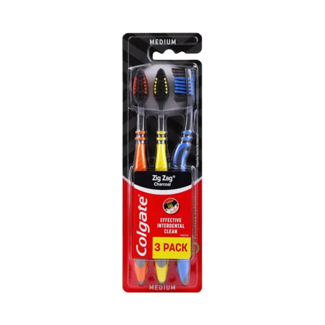 Colgate Promo 3Pack Zig Zag Charcoal Medium Κίτρινο-Πορτοκαλί-Μπλε Οδοντόβουρτσες με Άνθρακα, 1σετ