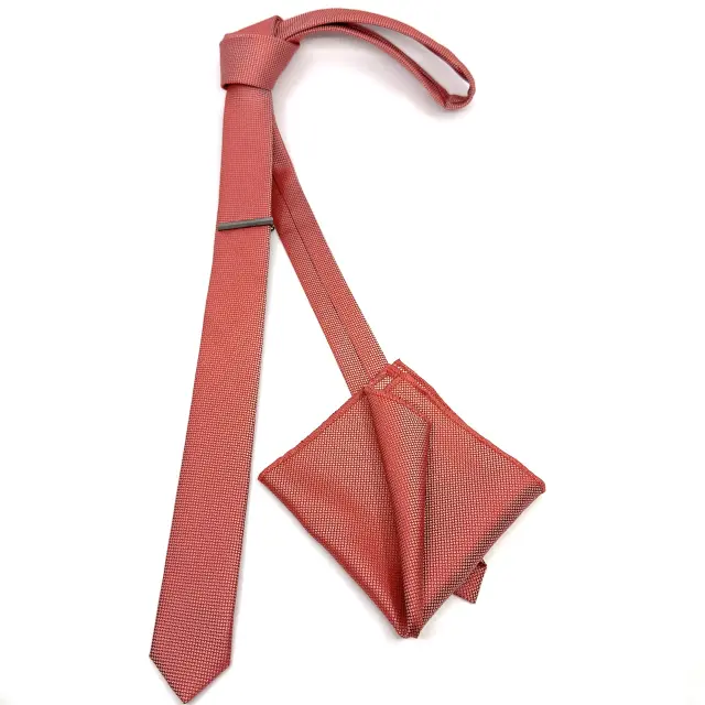 Κοραλί Oxford Γραβάτα Slim 4,5 cm Σετ με Μαντηλάκι 2