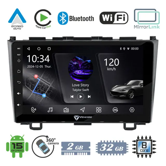 VenCore Οθόνη Multimedia Android 15 9" PX5S Octa-Core 2GB/32GB IPS με Πρόσοψη, CarPlay, Android Auto και Υποστήριξη Κάμερας 360° για Honda CRV 2006-2012 – Μαύρη (3236-10005-0110B)