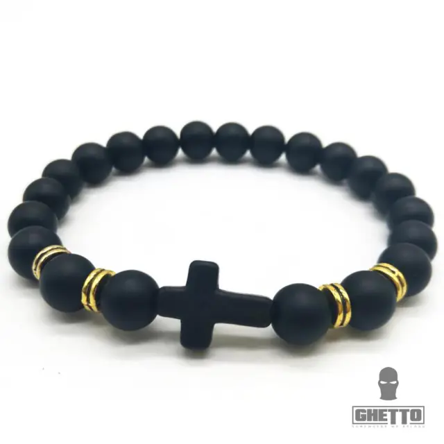 Ghetto Black Cross Natural Stone Elastic Bracelet Silver