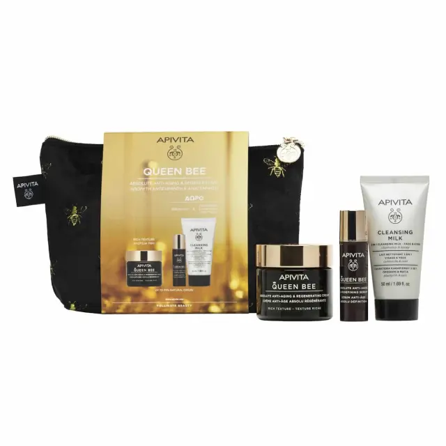 Apivita Queen Bee Light Texture 50ml & Queen Bee Serum 10ml & Cleansing Milk 3in1 Face & Eyes 50ml